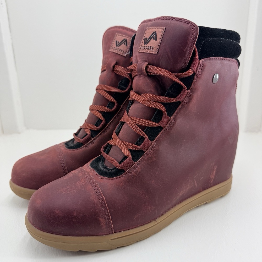Forsake Alma Womens 9 Burgundy Leather High Top Wedge Lace Up Shoes Boots